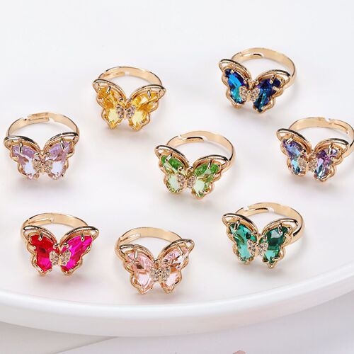 Japanese and Korean crystal glass butterfly open ring light luxury versatile temperament women's new multi-color three-dimensional 18K gold jewelry