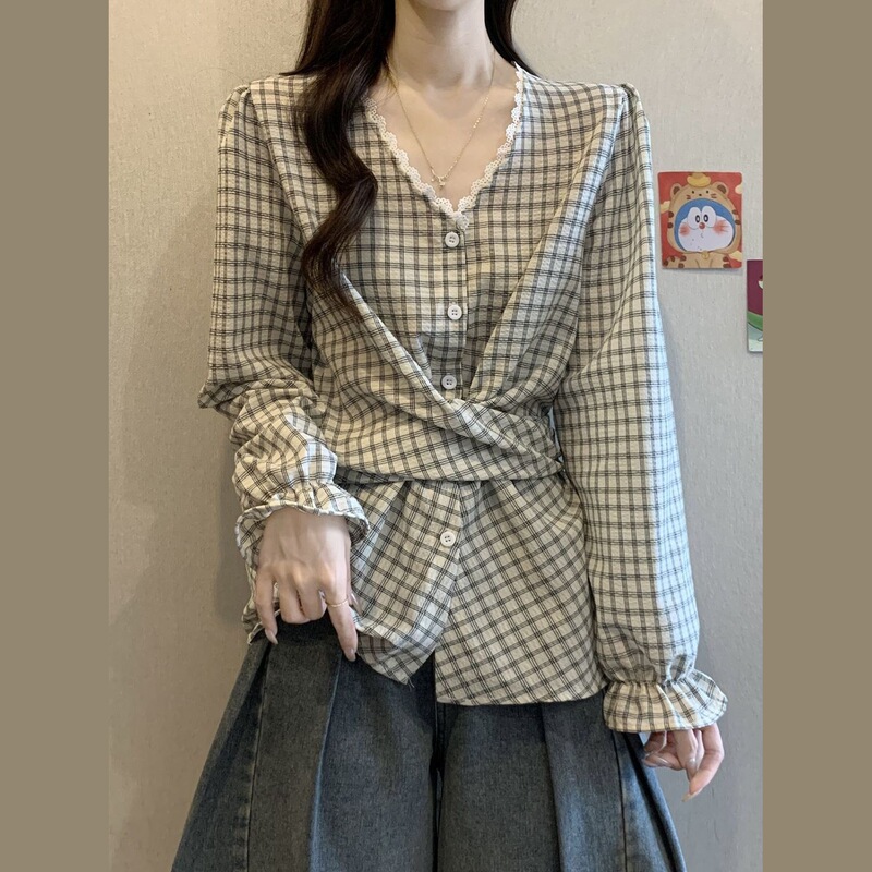 格子领长袖打底衬衫女2025年秋新款时尚设计感系带收腰显瘦上衣|undefined