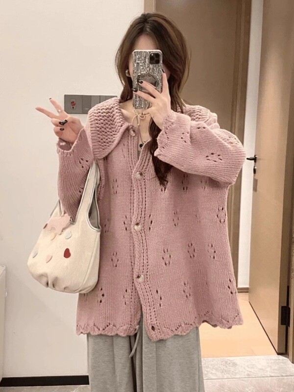 慵懒风钩花镂空外套海军领针织开衫女春秋灰色外搭宽松显瘦高级感|undefined