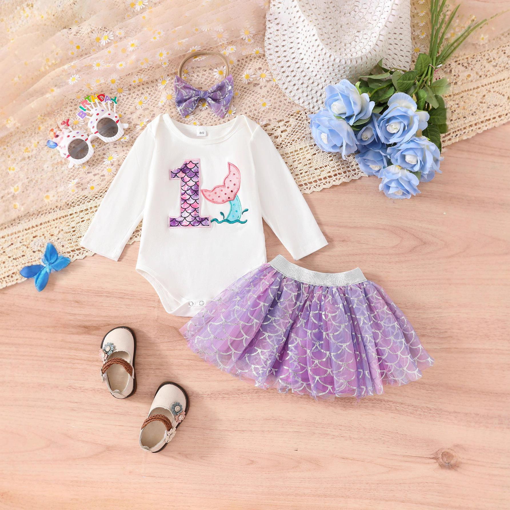 秋季女宝宝女婴童爆款长袖上衣紫色蓬蓬裙蝴蝶结发饰三件套