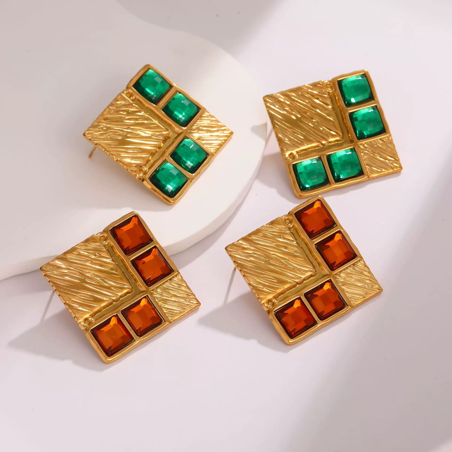 跨境欧美不锈钢耳环镶钻夸张高级感耳钉轻奢百搭配色耳坠方形耳饰