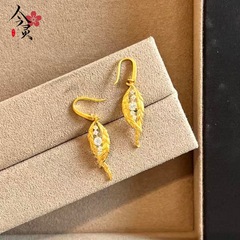 小红书同款沙金古法镶钻翎舞羽毛凤羽耳钩吊坠项链套装宫廷风首饰