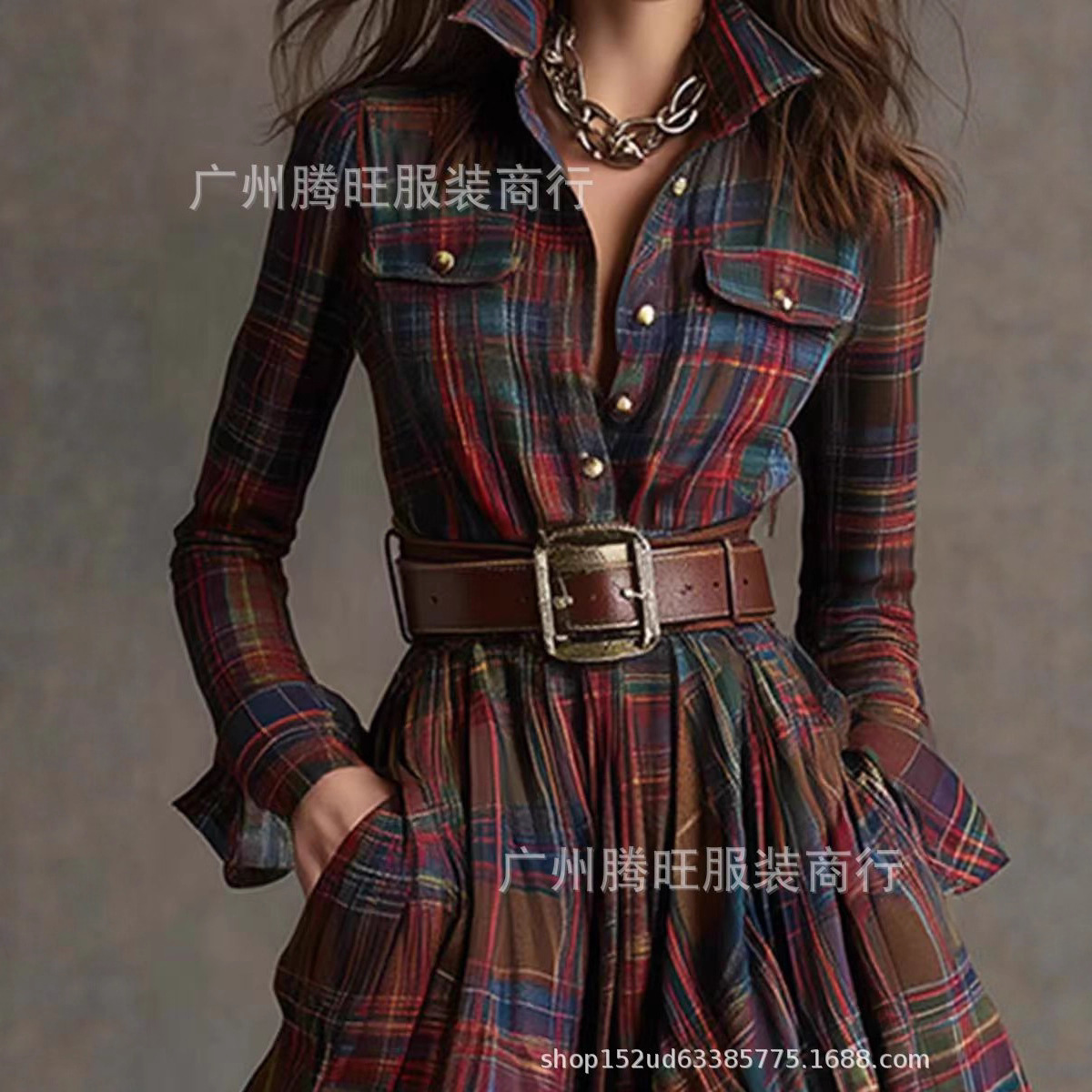 跨境欧美女装秋冬格纹大摆长裙复古V领长袖田园风连衣裙