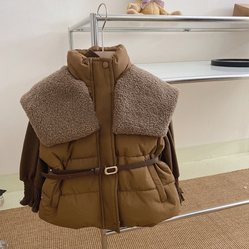 Set of Girls' Autumn-Winter Thick Fleece Padded Large Collar Short Vests High Collar Versatile Base Tops Plus-Size Flared Pants