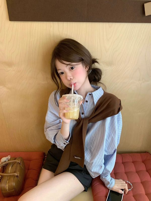 2025韩系蓝色条纹翻领长袖衬衫外套女秋季宽松休闲百搭开衫衬衣潮|undefined