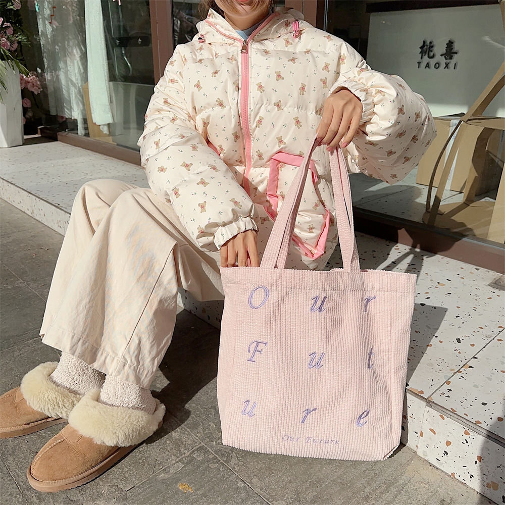 310262 embroidered letter future corduroy single-shoulder Maillard color hand-held canvas bag Women's tote bag undefined