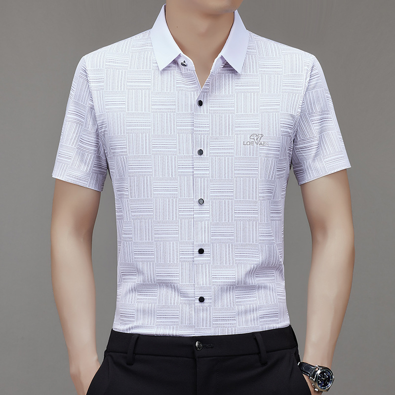 Summer New Men's Short-sleeved Shirt Business Casual Ice Silk Traceless High Stretch Middle-aged and Young Men's Half-sleeved Shirt