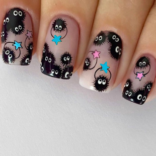 Short European Square 24 Pieces Wear Armor Coal Ball Funny Christmas Halloween Manicure Powder Blue Star False Nails