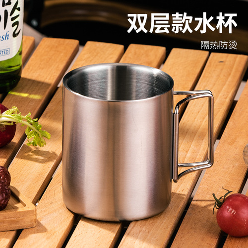 Camping mouth cup 304 stainless steel outdoor water cup portable foldable handle mountaineering picnic tea cup