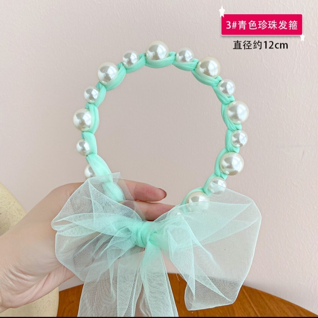 Estilo coreano niñas perla diadema Super hadas malla arco cinta princesa accesorios para el cabello atado trenza tocado niña de las flores