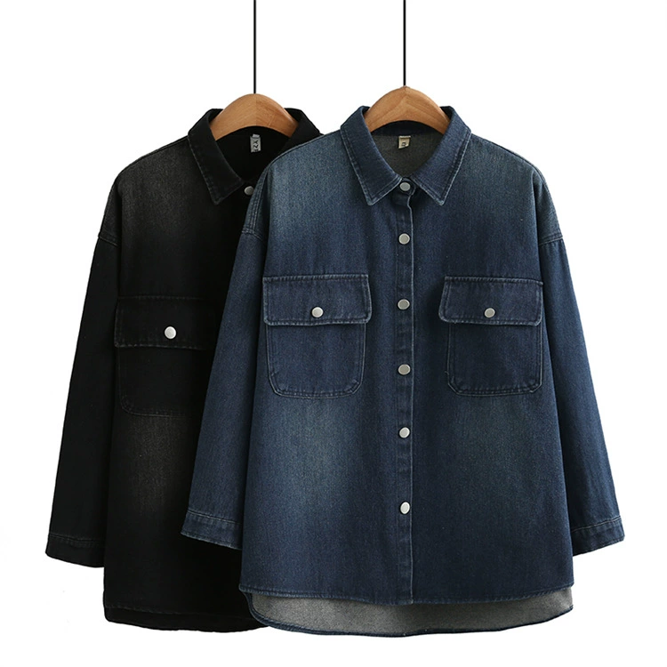 Осень 2023 Новая куртка больших размеров с длинными рукавами, универсальная Повседневная градиентная Корейская джинсовая рубашка с длинными рукавами для полных девочек 266