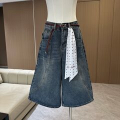 复古蓝宽松阔腿七分牛仔裤女夏新款美式显瘦直筒休闲中裤带腰带