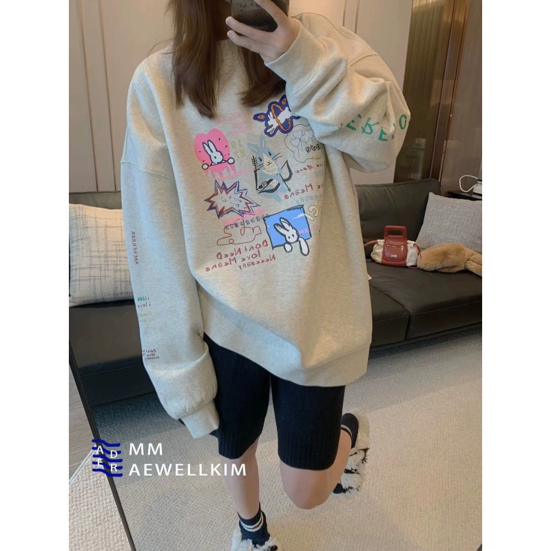 Jimo оригинальная фабрика ader прилив кролика свитер женская пара свободная осень и зима бархатный новый топ oversize с круглым вырезом