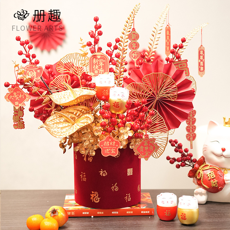 Año Nuevo decoración festivo acabado artificial flor fortuna fruta bendición cubo flor arreglo movimiento de inauguración felicidad en macetas hogar