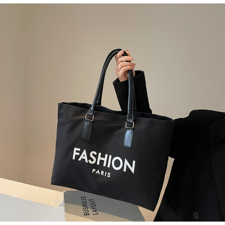 262g Weight Polyester Lining Material Open Closure Type Single Shoulder Strap Strap Type Tote Bag Bags Type Holiday, Daily Occasion Canvas Material Letter Pattern All Seasons Season Women's Gender Classic Style Style Square Shape Large Size Women's Large Canvas Letter Classic Style Square Open Tote Bag 3