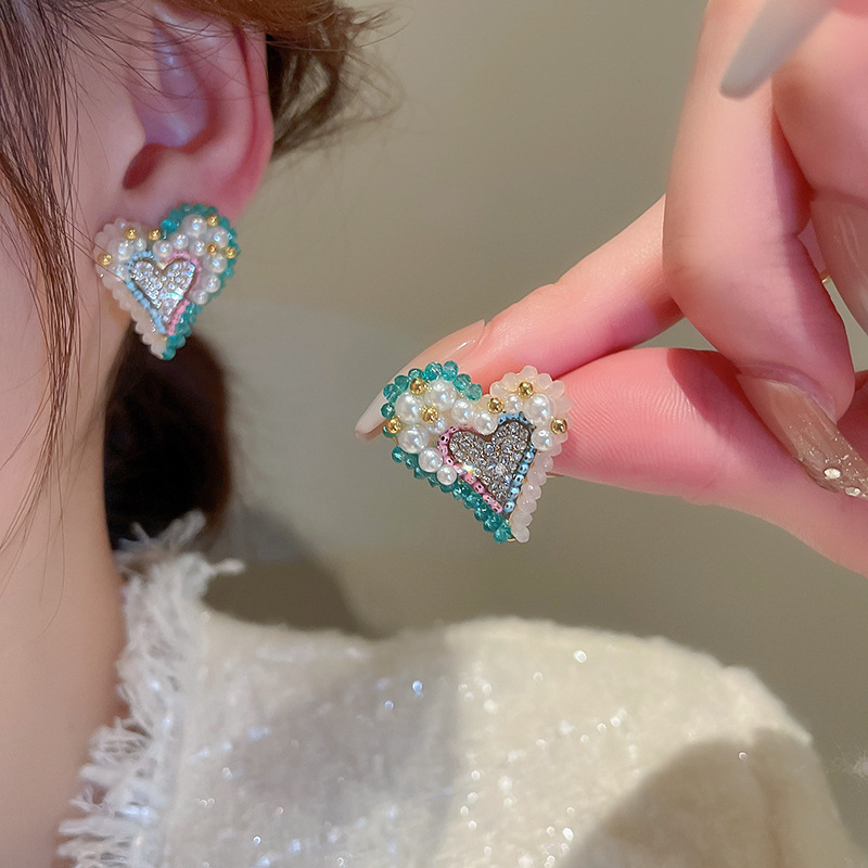 Cute Heart Shape Copper Plating Rhinestones Earrings 1 Pair