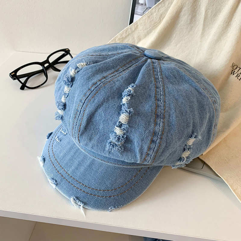 Denim coreano lavado hace vieja boina agujero mujer verano delgada cabeza grande sombrero de nubes pequeño sombrero de cara pequeña