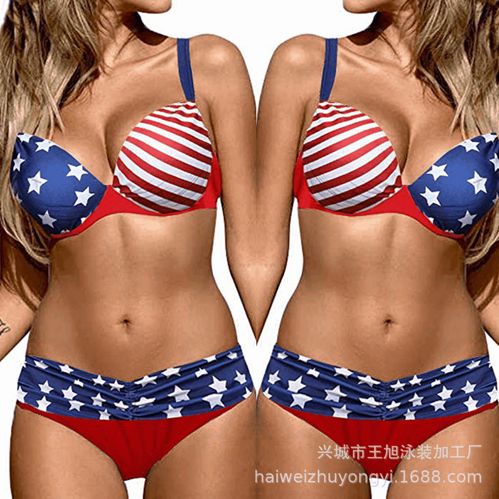New Cross-border Amazon Bikini Large Size European and American Color Striped Women Sexy Split Swimsuit