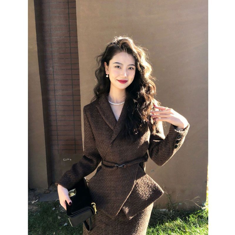 秋装搭配一整套气质名媛小洋装感小香风毛呢半身裙套装女