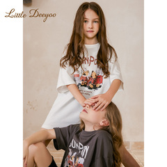 2024 Summer New Girls' Medium-Long Sleeve Short-Sleeve T-shirt Summer Outfit Big Kids Pure Cotton Printed Loose Round Neck T-shirt Trend