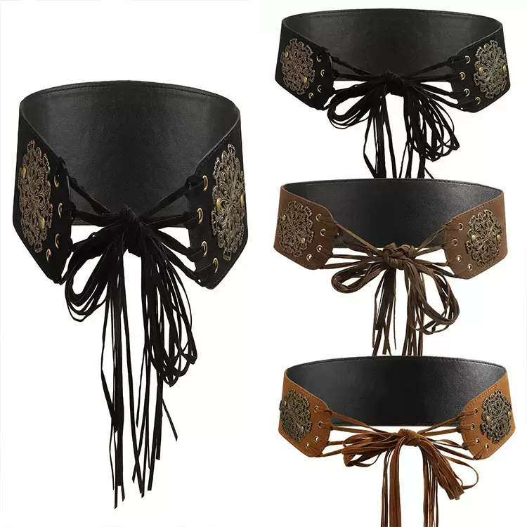 波西米亚民族风女士圆环铆钉宽腰带飞行拼环设计流苏显瘦腰封皮带