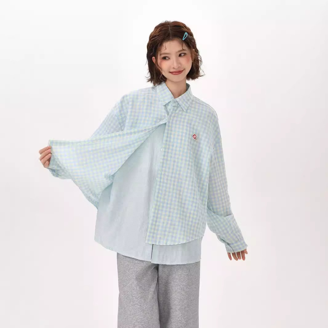 Blue Plaid Fake Two-piece Long-sleeved Sunscreen Shirt Women's Spring and Autumn Loose Jacket Cardigan Shirt Design Sense Top