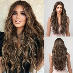 Emmallかつら女性ロングヘアナチュラルブラックブラウンロングカール欧米风大波中分なし前髪かつらカバー