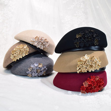 秋冬新款羊毛呢帽子貝雷帽女皮包邊花朵甜美空姐帽舞台聚會蓓蕾帽