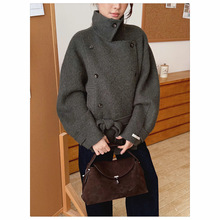 金敏喜同款l短款毛呢外套女 秋新款韩版双排扣系带翻领大衣