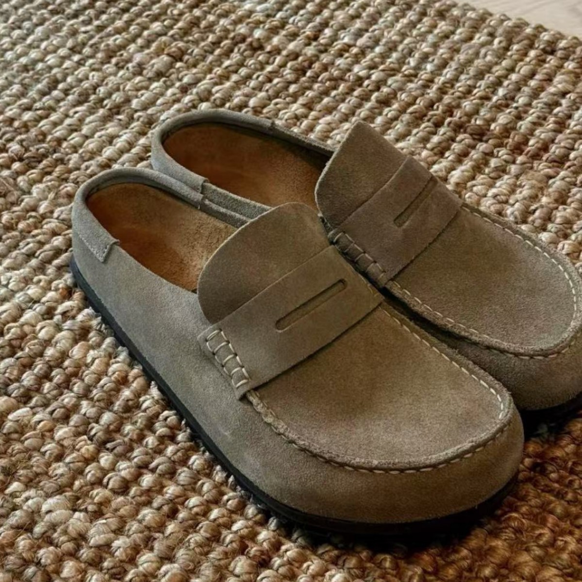 【现货】大码男女同款复古风磨砂皮包头半拖穆勒鞋慵懒厚底勃肯鞋