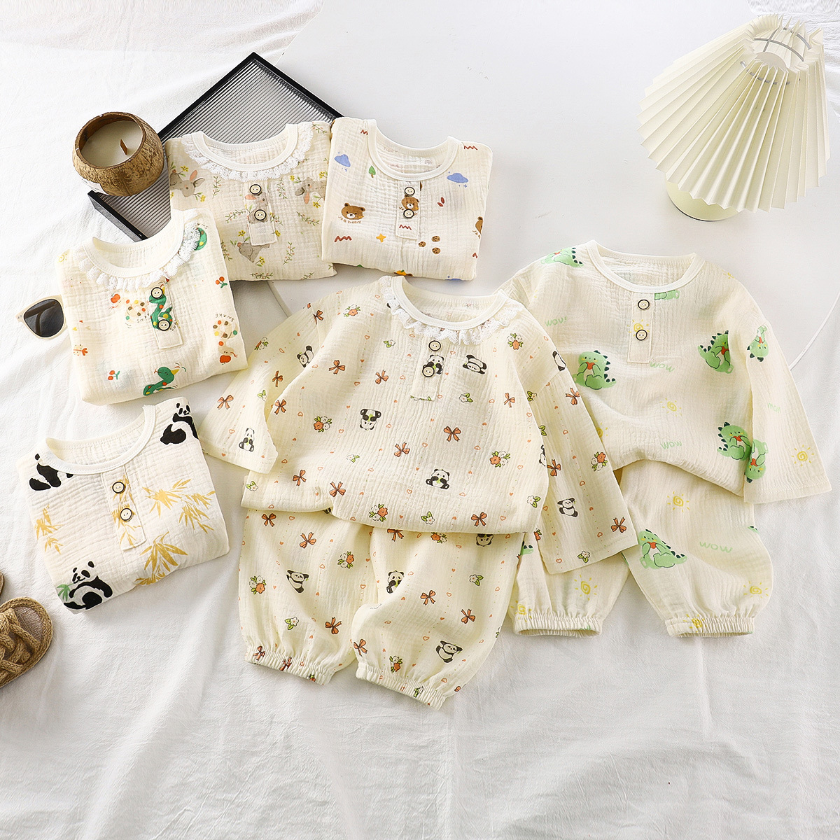 Children's Pajamas Thin Double-Layer Cotton Yarn Summer Round Neck Boys' Air-conditioning Clothes Lace Girls' Home Clothes suit