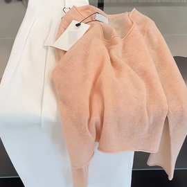 温柔奶呼呼橘粉色马海毛毛衣女秋季薄款感慵懒圆领针织衫上衣