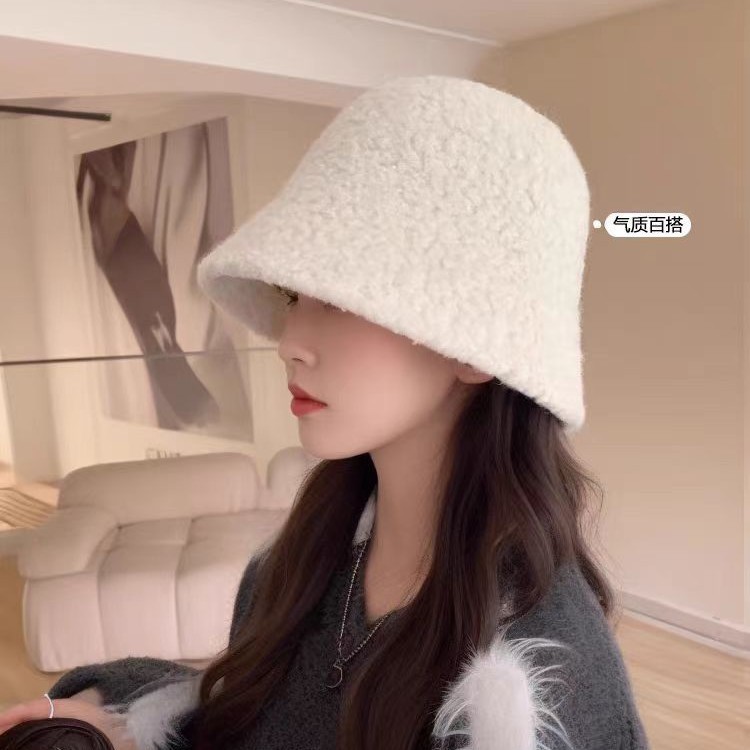 帽子女秋冬季羊羔毛渔夫帽黑色素颜显脸小水桶帽大脸保暖毛绒盆帽|undefined