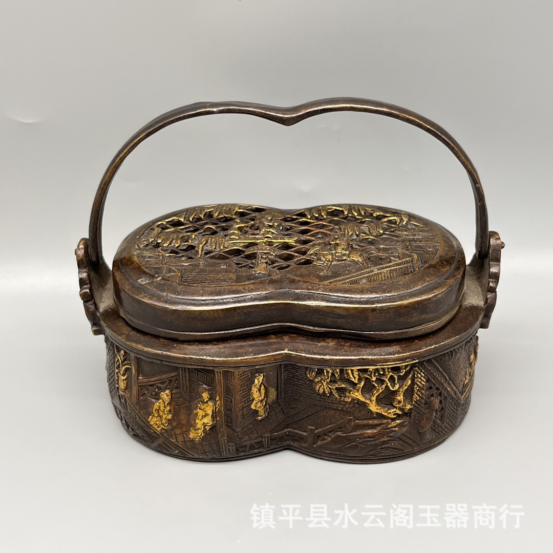 新中式样板间装饰铜提盒 熏香炉书房摆件收纳盒食盒仿古工艺品铜
