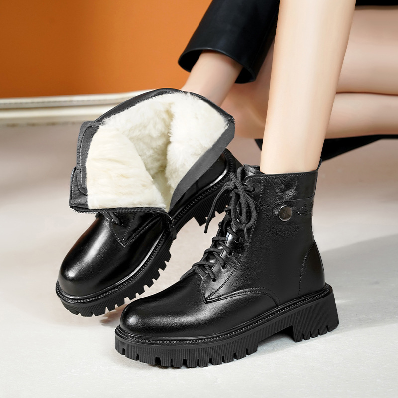 Martin Boots Women's Shoes fleece-lined Thickened Ankle Boots Winter Genuine Leather Cotton Shoes Wool Women's Shoes Snow Boots Fur One Boots