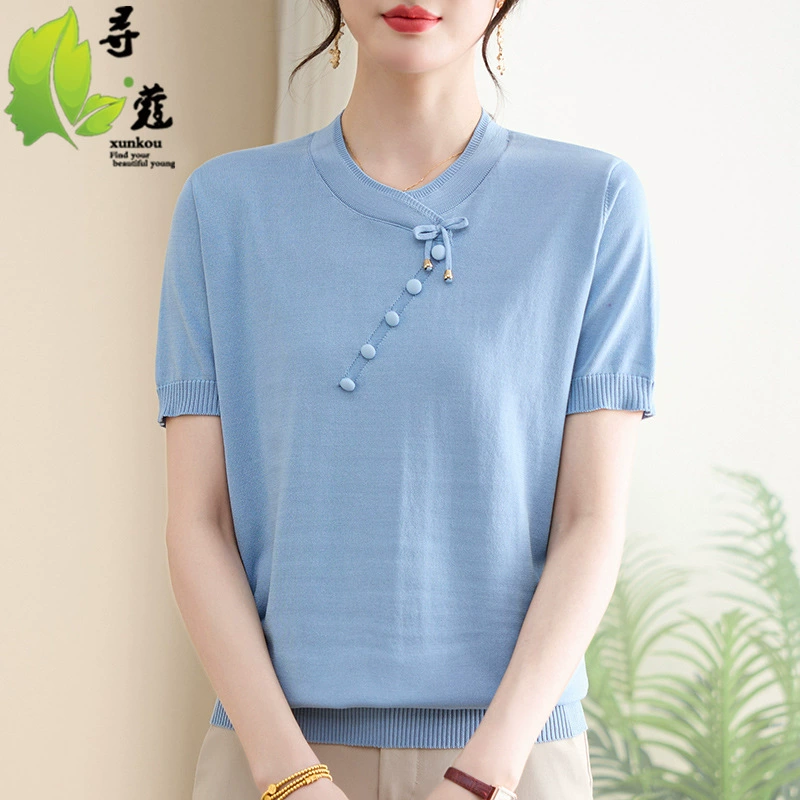 Новый китайский стиль мамы вязаная маленькая рубашка с короткими рукавами