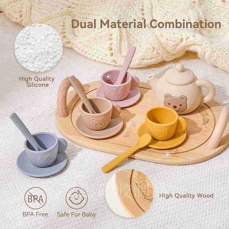 Children's Pretend Play Toy Bear-Shaped Afternoon Tea Set Role-Playing Chewable Boiled Silicone Toy