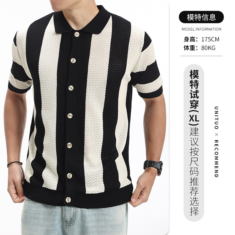 Camisas de polo de hielo de punto a rayas de estilo antiguo, camisetas de color contrastante, camisetas casuales de negocios, mangas cortas para hombres