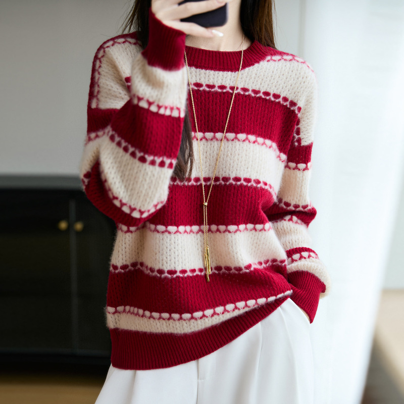 Shenzhen Nanyou High-End Clearance Sale Autumn and Winter New Striped Color-Blocking Hollow-Out Design Knit Sweater for Women Shenzhen Nanyou High-End Clearance Sale Autumn and Winter New Striped Color-Blocking Hollow-Out Design Knit Sweater for Women
