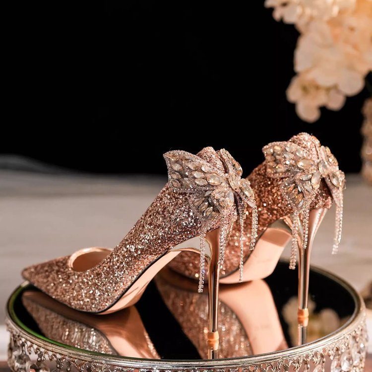 High Heels Women's 2025 Spring/Autumn New Arrival Sequin High-Grade Rhinestone Bow Pointed Wedding Shoes Women's Single Shoes