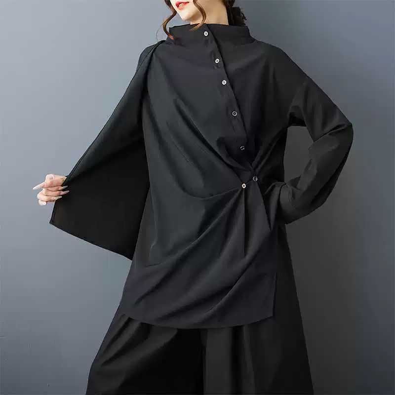 Autumn asymmetrical shirt, plus size, high collar