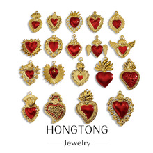 跨境不锈钢复古风金色爱心吊坠滴油工艺手链项链DIY 配件法式款