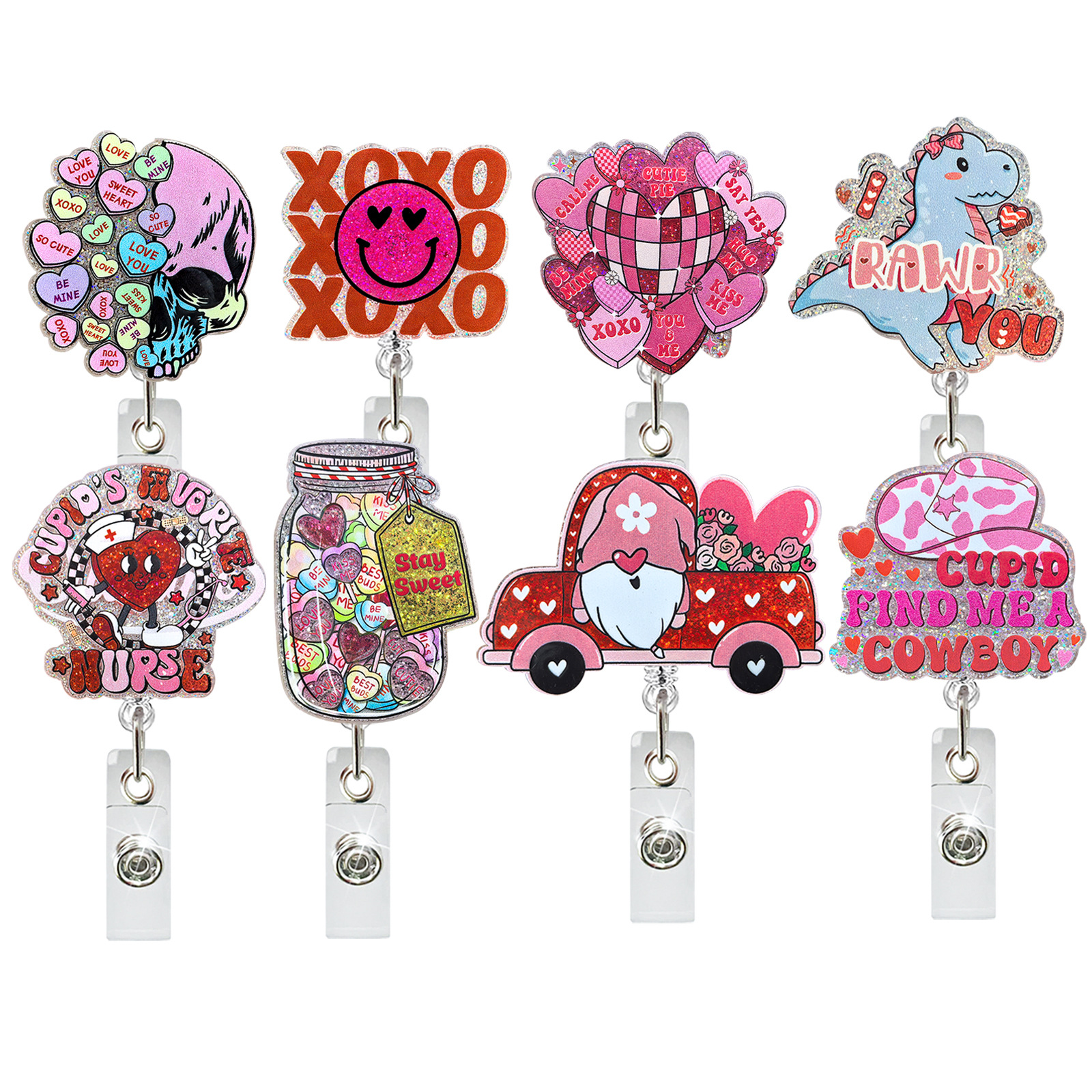Valentine's Day Acrylic Glitter Badge Reel Retractable Rotating Easy Pull Buckle Id Buckle Gift