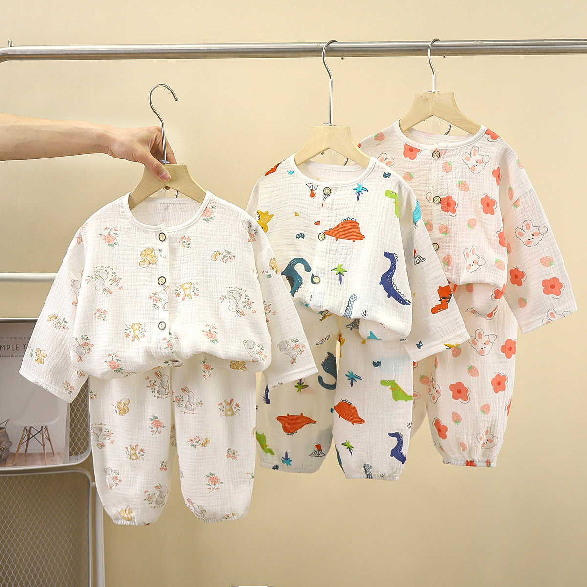 New Kidsren's Pure Cotton Gauze Pajamas Set Spring and Summer Cotton Gauze Home Clothes for Boys and Girls Versatile Two-Piece Set for All Seasons