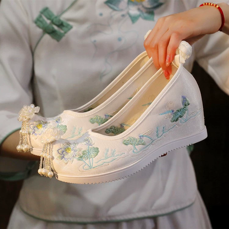 Цинхе 6-сантиметровые туфли династии Хань с внутренним увеличением, туфли с открытым носком древнего костюма, туфли с вышивкой в этническом стиле, студенческие танцевальные туфли, женские туфли с бантом