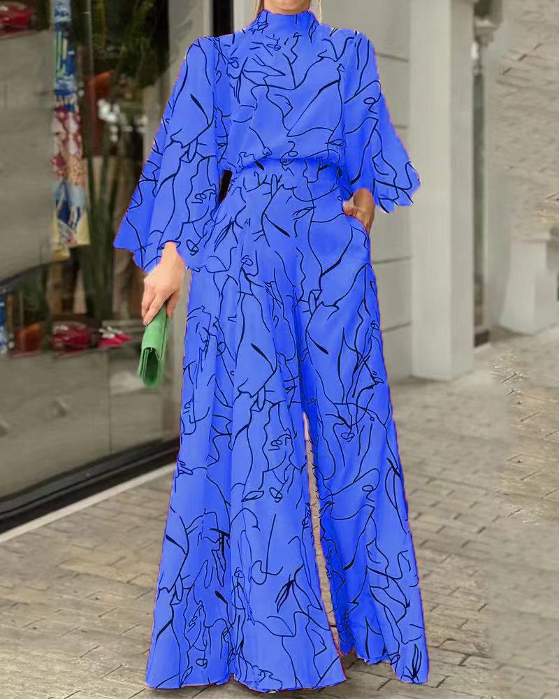 2022 verano europeo y americano ropa de mujer Amazon elegante cintura con cordones de manga larga Halter pantalones impresos mono