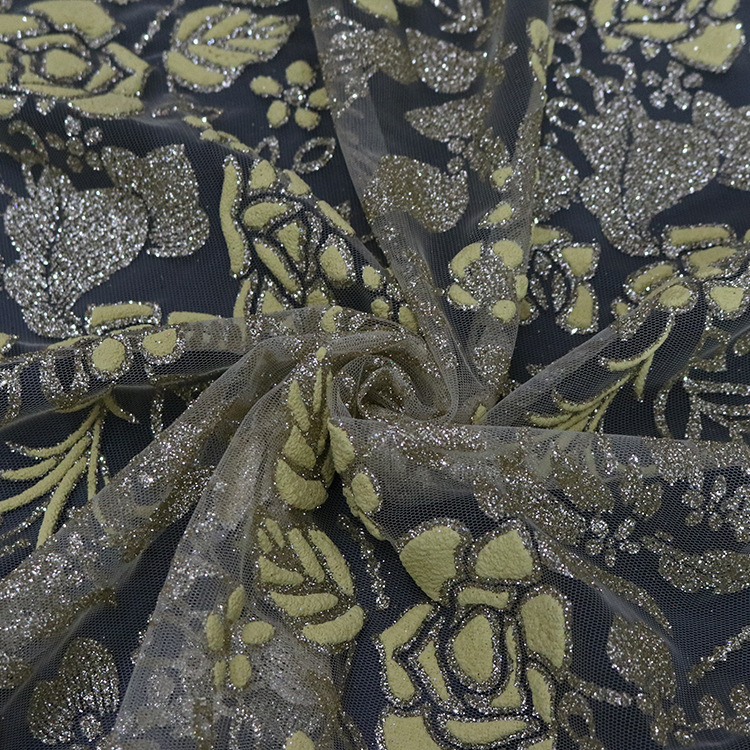 Después del proceso de tela de malla de poliéster todo hilo de malla pulverizado oro oro vestido de boda vestido de princesa relieve palacio tela de ropa Han