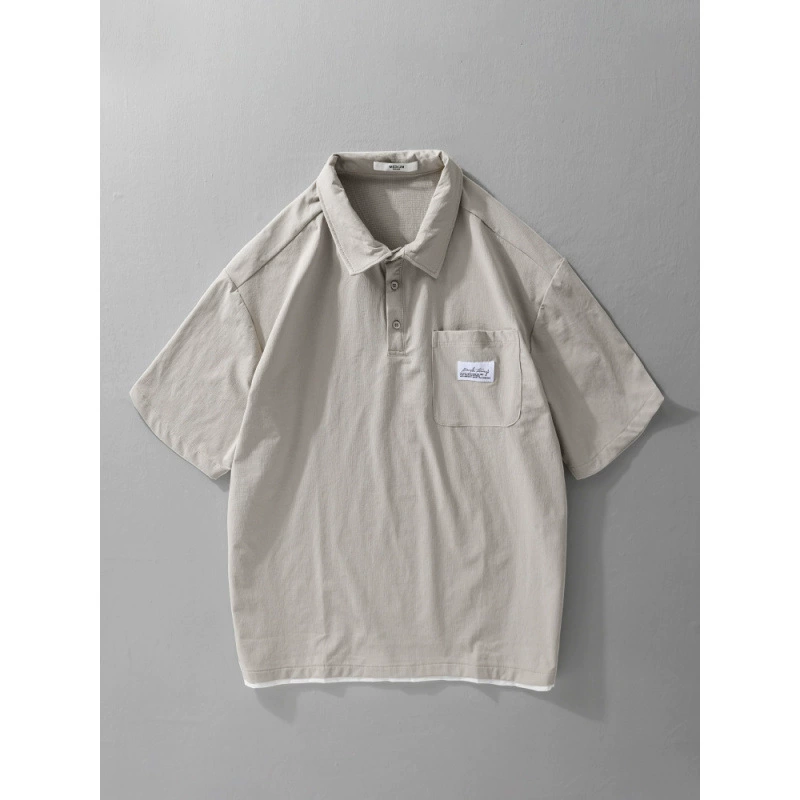 рубашка-поло с короткими рукавами, мужская летняя футболка американского модного бренда, искусственная двухсекционная однотонная свободная повседневная футболка с половиной рукавов H602