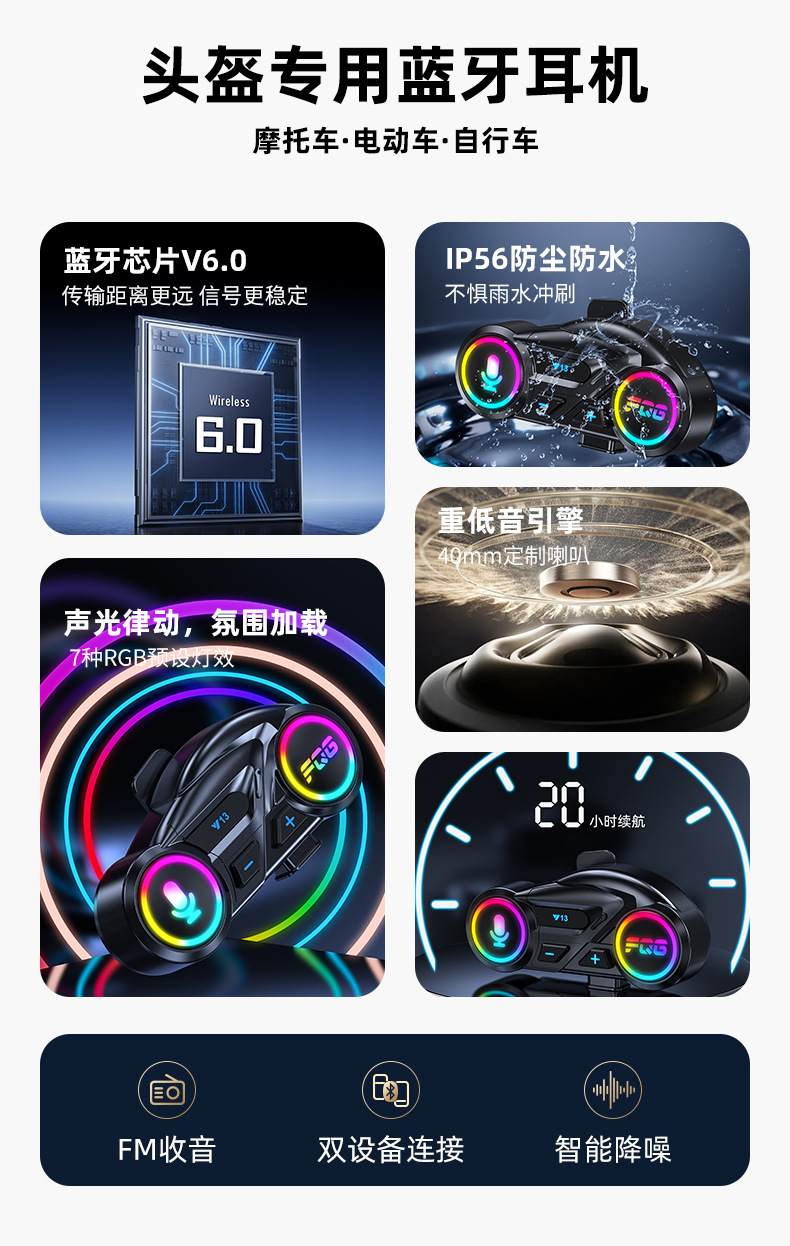 Cross-Border New Model Y13 Helmet Bluetooth Headset Fm Radio Waterproof Noise Reduction Motorcycle Headset Helmet Headset