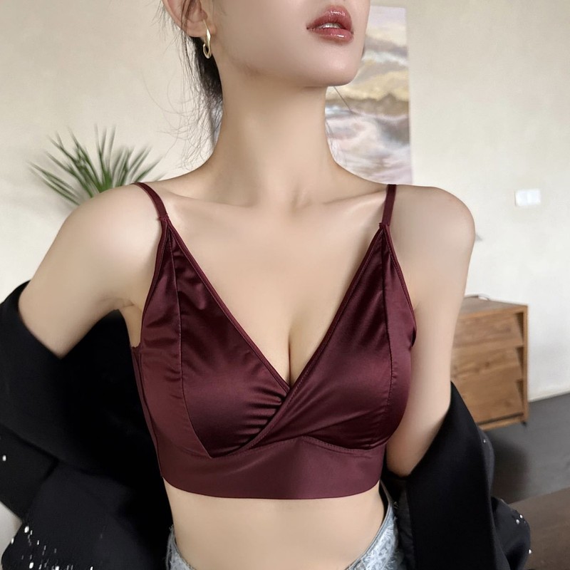 抖音8512深V缎面无痕美背内衣小胸聚拢内衣固定一体胸垫大码文胸|undefined
